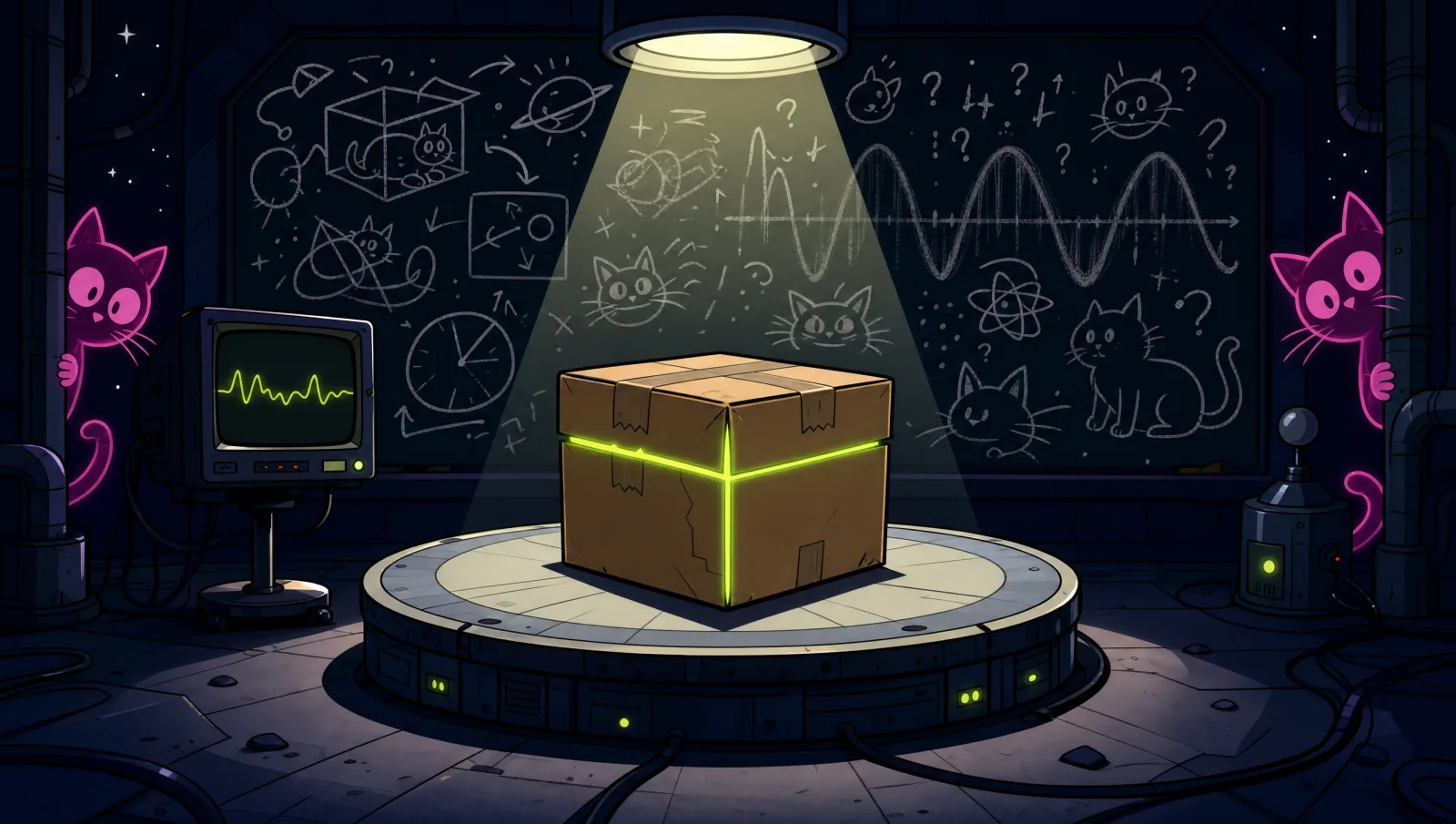 The sealed box under a spotlight in a dark lab, chalk equations behind it.