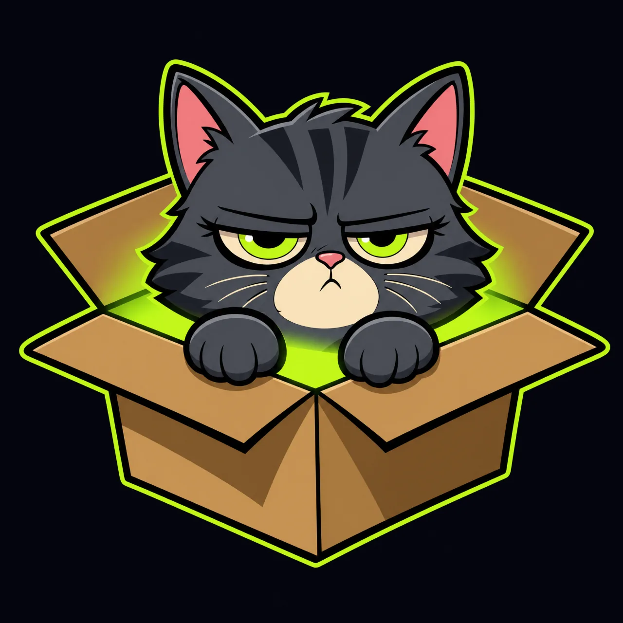 A grumpy cartoon cat peering out of a glowing cardboard box.
