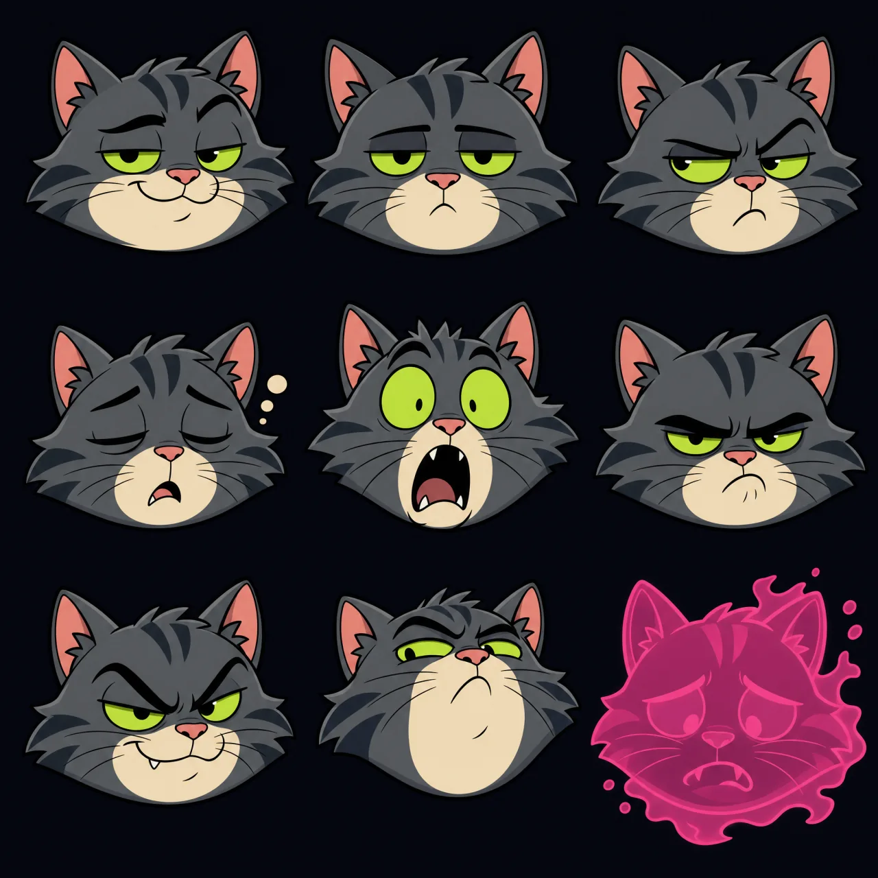 A grid of nine cartoon cat faces, each with a different expression, the last one a ghost.